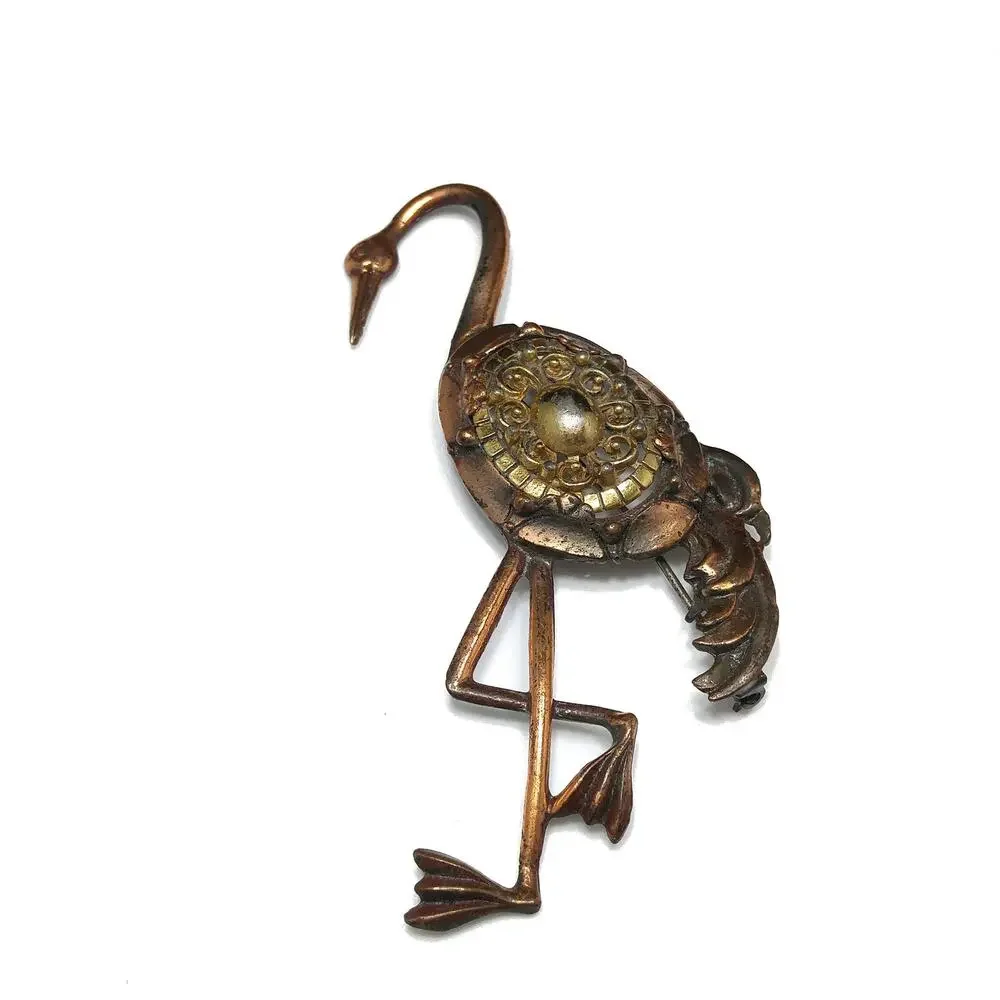 Vintage Tall Bird Brooch, Mixed Metals, 1930s 1940s